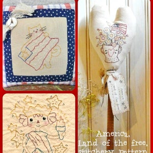 America Lady Liberty Stitchery PDF Pattern 3 in 1 - old bobbin  kitty cat patriotic