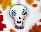 Halloween skull painted ornament - skeleton prim primitive folk art