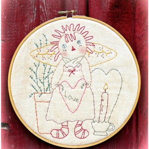 LOVE raggedy ann embroidery Pattern pdf prim stitchery doll vintage like heart fabric sew craft valentine primitive image 1