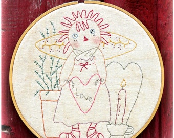 LOVE raggedy ann embroidery Pattern pdf prim- stitchery doll vintage like heart fabric sew craft valentine primitive