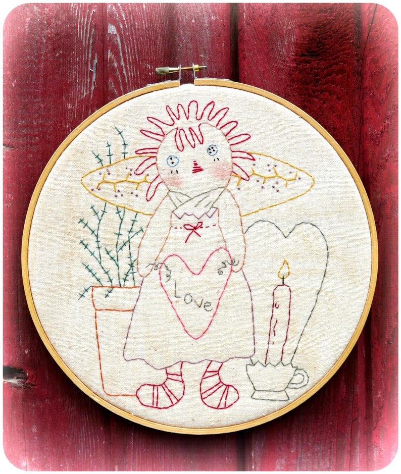 LOVE raggedy ann embroidery Pattern pdf prim stitchery doll vintage like heart fabric sew craft valentine primitive image 1