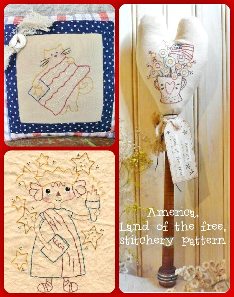 America Lady Liberty Stitchery PDF Pattern 3 in 1 old bobbin kitty cat patriotic image 1