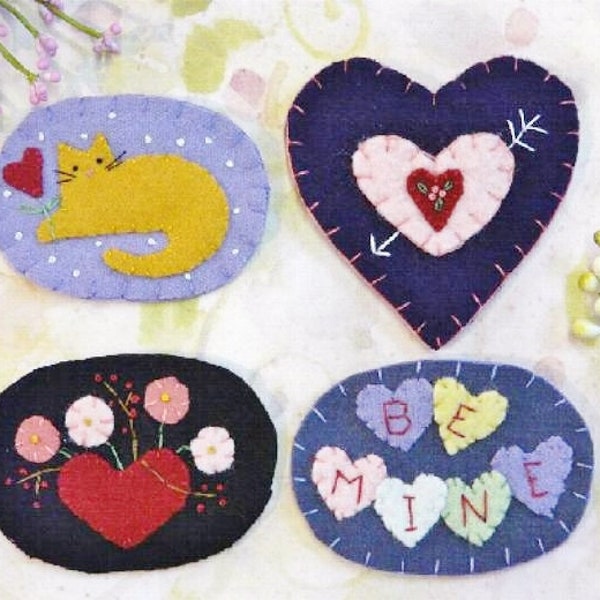 Sweet Valentine Wool Pins Pattern PDF - heart kitty cat conversation candy flowers felt magnet