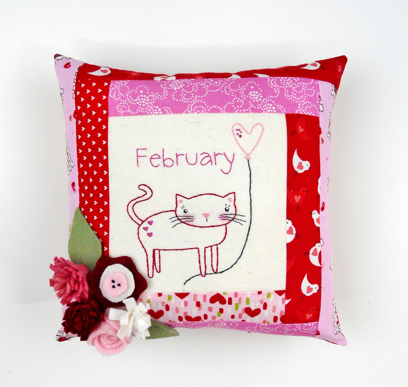 February Kitty Cat Embroidery Pillow Pattern PDF - Stitchery Wool Felt ...