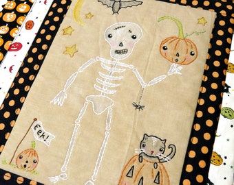 Halloween Skeleton embroidery quilt Pattern PDF - bad to the bone pumpkin cat bat colored pencils