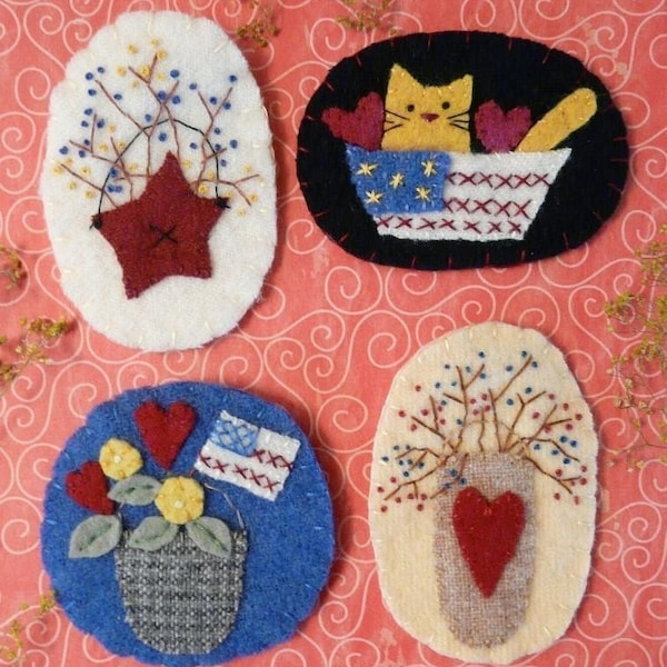 PATRIOTIC Wool PINS Pattern PDF - wearable jewelry americana cat berries flag brooch primitive embroidery