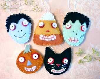 Halloween Wool Ornaments pins PDF PATTERN - Frankenstein dracula vampire candy corn black cat pumpkin