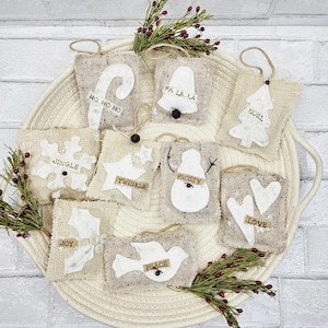French Country burlap Christmas ornaments PDF Pattern - prim ornie tweed wool felt fabric scraps shabby chic primitive