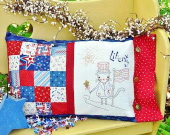 Liberty patchwork cat embroidery Pattern PDF -  Kitty Flag Stars pillow uncle sam