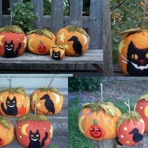 以下が含まれることがあります： さまざまなサイズの、手作りのハロウィーンカボチャの装飾品。オレンジ色のカボチャには緑の葉のてっぺんがあり、黒猫、カラス、月、星のペイントデザインが施されています。笑顔のジャック・オ・ランタンの顔を持つカボチャもあります。