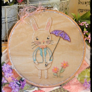 Showers & flowers bunny embroidery Pattern PDF - spring rain umbrella glitter hoop art sweet rabbit