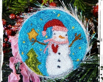 Warm Holiday Wishes Punchneedle PDF Pattern - Snowman needle punch floss winter snow tree Christmas