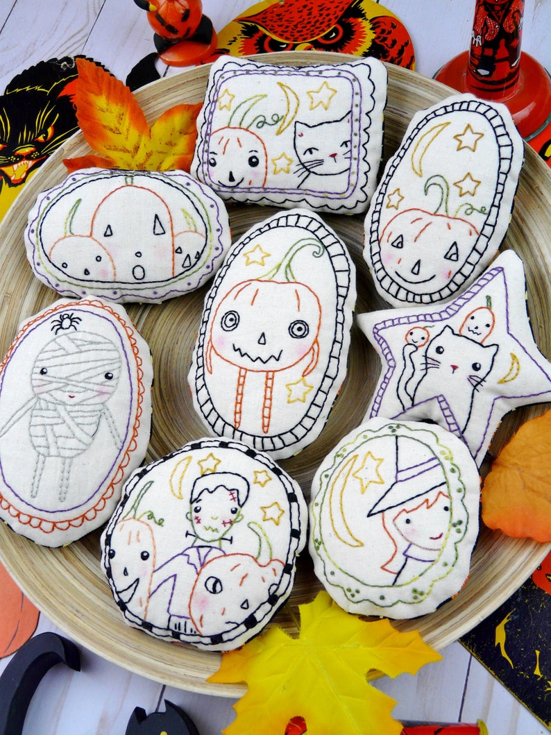 Halloween spirit Ornaments embroidery Pattern PDF WITCH prim stitchery primitive ornies Frankenstein bowl fillers image 1