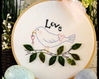 Love Bird embroidery Pattern PDF - tree leaves heart spring