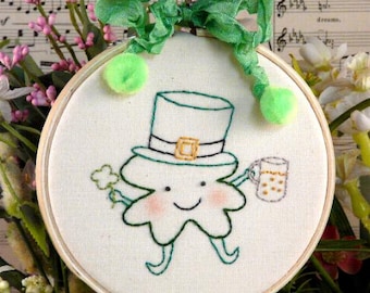 Party Shamrocker PDF Pattern - st. patricks day irish shamrock primitive stitchery hoop embroidery