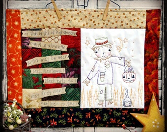 Halloween scarecrow quilt embroidery Pattern PDF - stitchery pumpkin black cat prim primitive hand