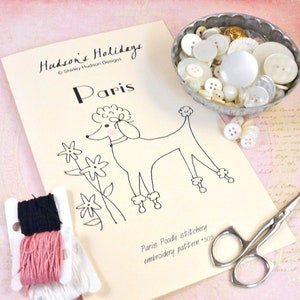 Paris Poodle puppy dog Stitchery Pattern PDF - embroidery French flower retro pink