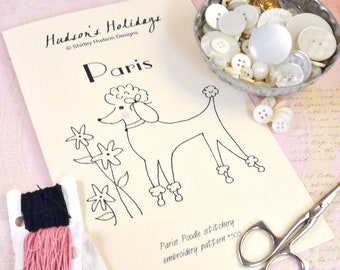 Paris Poodle puppy dog Stitchery Pattern PDF - embroidery French flower retro pink