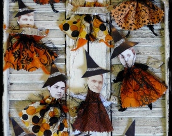 Halloween Witch ornies pattern PDF - fall primitive spooky collage sheet tags ornaments chenille stem