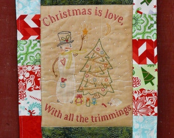 Christmas is LOVE embroidery pattern PDF - quilt design snowman tree primitive folk art