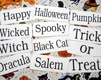 12 Large Halloween Flash Cards PDF - vintage like altered art antique signs words scrapbooking digital uprint witch salem pumpkin primitive