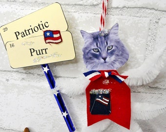 Patriotic kitty cat chenille doll ornament -  sign vintage like handmade gray tabby purr