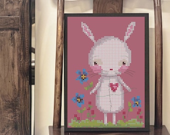 Little Bunny rabbit among flowers cross stitch PDF Pattern -  stitchery embroidery Cross-Stitch