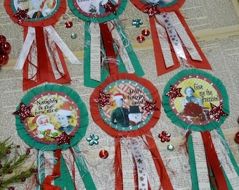 Christmas Santa Art Badges PDF Pattern - Pins doll jewelry old photos ribbon paper crepe star primitive altered art party