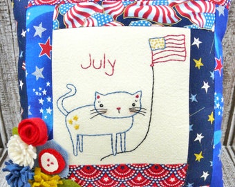 July Kitty Cat embroidery pillow Pattern PDF - summer wool felt flowers month balloon floral flag 4th of america