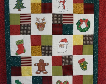 Christmas embroidery Quilt sampler PDF Pattern - primitive hand stitchery snowman candy cane santa wreath holly stocking tree star