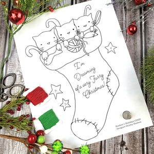 Modèle de broderie de bas de Noël 3 chats PDF - feuille primitif rêvant d'un poil à broder