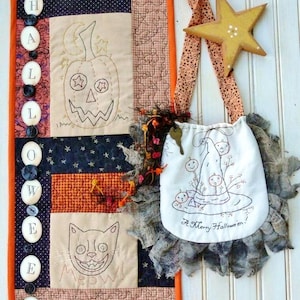 Merry HALLOWEEN purse wallhanging PATTERN - pdf primitive vintage tag embroidery witch stitchery pumpkin black cat quilt