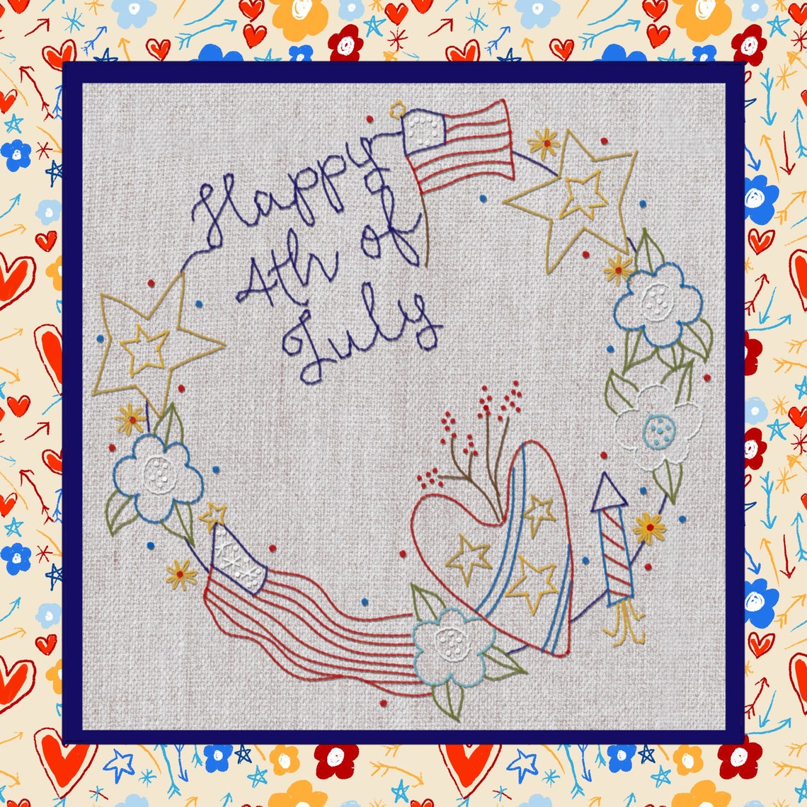 Happy 4th of July Wreath American Embroidery Pattern - PDF Primitive ...