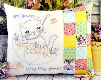 April showers kitty embroidery Pattern PDF - stitchery umbrella May shabby chic flower