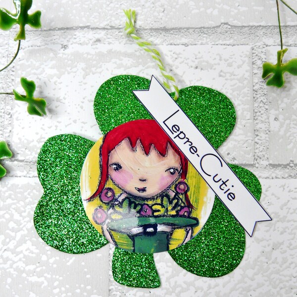St Patricks day art ornament - glitter girl shamrock Lepre-cutie!