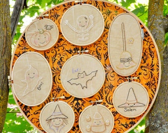 Halloween hoop embroidery Pattern PDF - stitchery 20 designs mini monsters candy corn prim