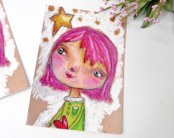 Pink hair girl postcard Painting Print - art artwork vibrant color pastels waif star heart