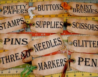 12 Sewing Room Studio Supplies Tags - label Uprint thread Digital Sheet storage supply button paper vintage organize