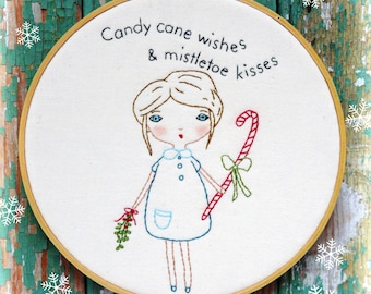 Christmas candy cane embroidery Pattern PDF girl - Mistletoe retro modern kiss hoop art wish