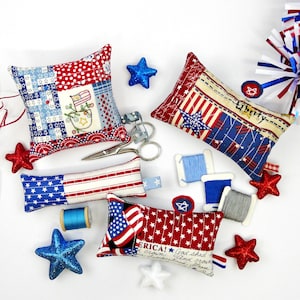 Patriotic Americana Pinnies pattern PDF embroidery Quilted pincushion 4 designs fabric scissors fob pin keep 4th of july image 1