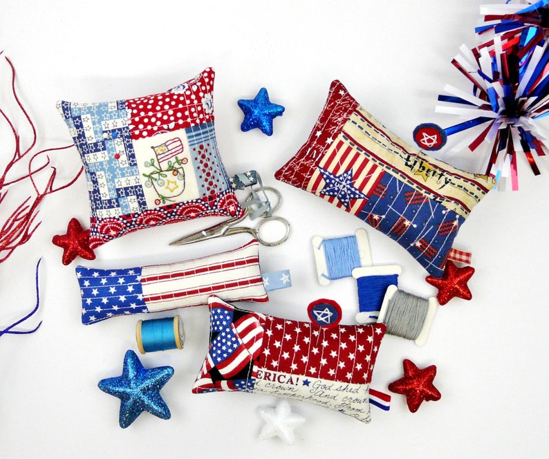 Patriotic Americana Pinnies pattern PDF embroidery Quilted pincushion 4 designs fabric scissors fob pin keep 4th of july image 1