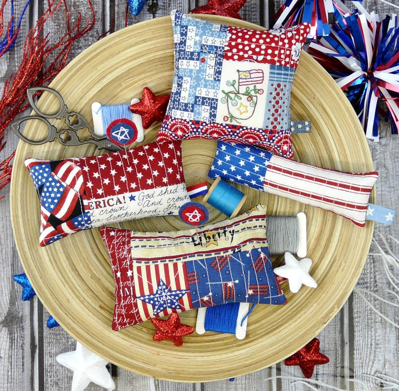 Patriotic Americana Pinnies pattern PDF embroidery Quilted pincushion 4 designs fabric scissors fob pin keep 4th of july image 3