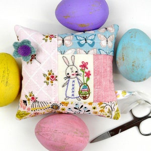 Spring time Pinnies pattern PDF embroidery Quilted pincushion Easter 4 designs fabric scissors fob bunny rabbit image 4