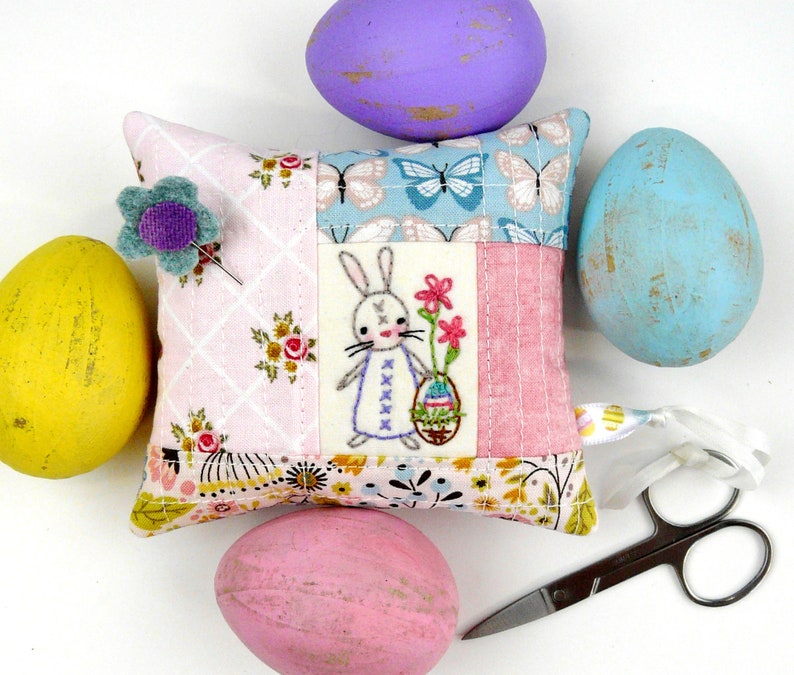 Spring time Pinnies pattern PDF embroidery Quilted pincushion Easter 4 designs fabric scissors fob bunny rabbit image 4