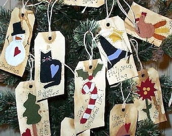 10 Primitive Holiday Tags Ornies PDF PATTERN - grubby red flower Witch hat Turkey crow cat snowman candy cane
