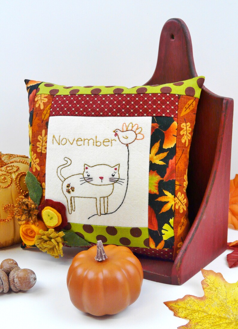 November Kitty Cat embroidery pillow Pattern PDF stitchery wool felt flowers month balloon thanksgiving turkey image 7