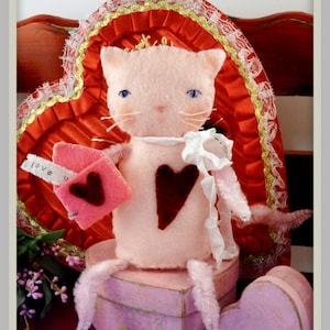 Valentine cat felt doll Pattern PDF- wool kitty envelope chenille stem vintage like heart