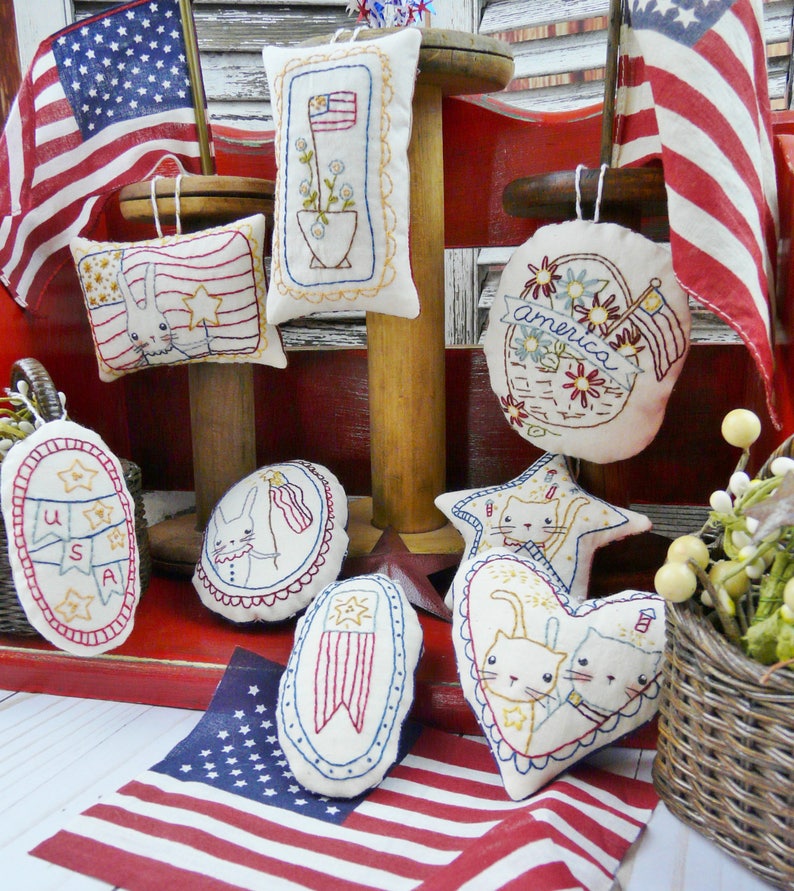 Patriotic spirit Ornaments embroidery Pattern PDF stitchery independence day primitive ornies bowl fillers hudsons holidays image 4