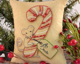 Christmas MOUSE embroidery Pattern PDF - stitchery primitive pillow candy cane pinkeep tag pin cushion tuck