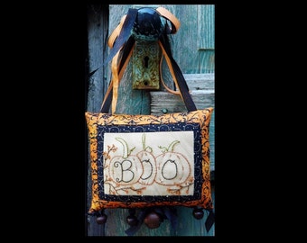 Halloween BOO embroidery pumpkin Pattern PDF - primitive pillow stitchery tuck seam binding hand beads door knob hanger